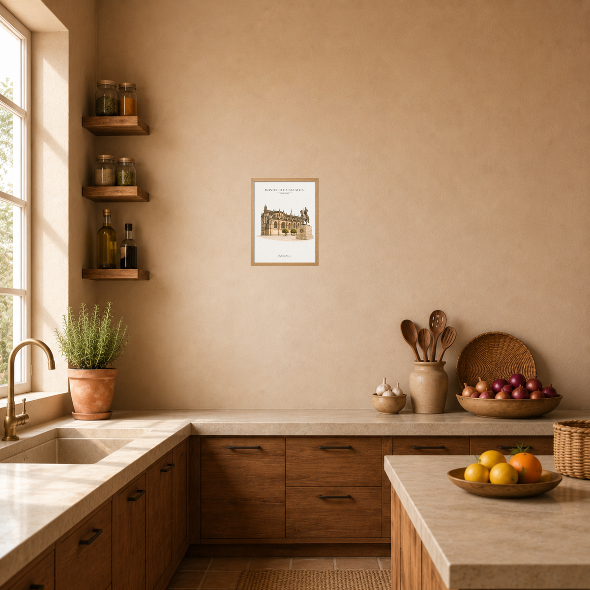 Tableau Batalha [21x30] avec cadre [effet chêne] dans une cuisine chaleureuse