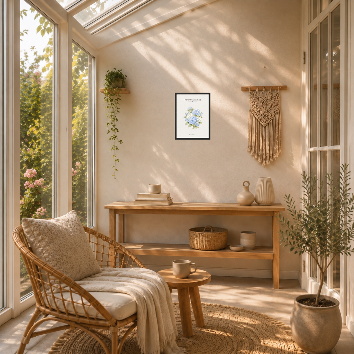 Hydrangea Lover [21 × 30] dans un cadre [noir] accroché au mur au-dessus d’une console en bois dans une véranda cosy.