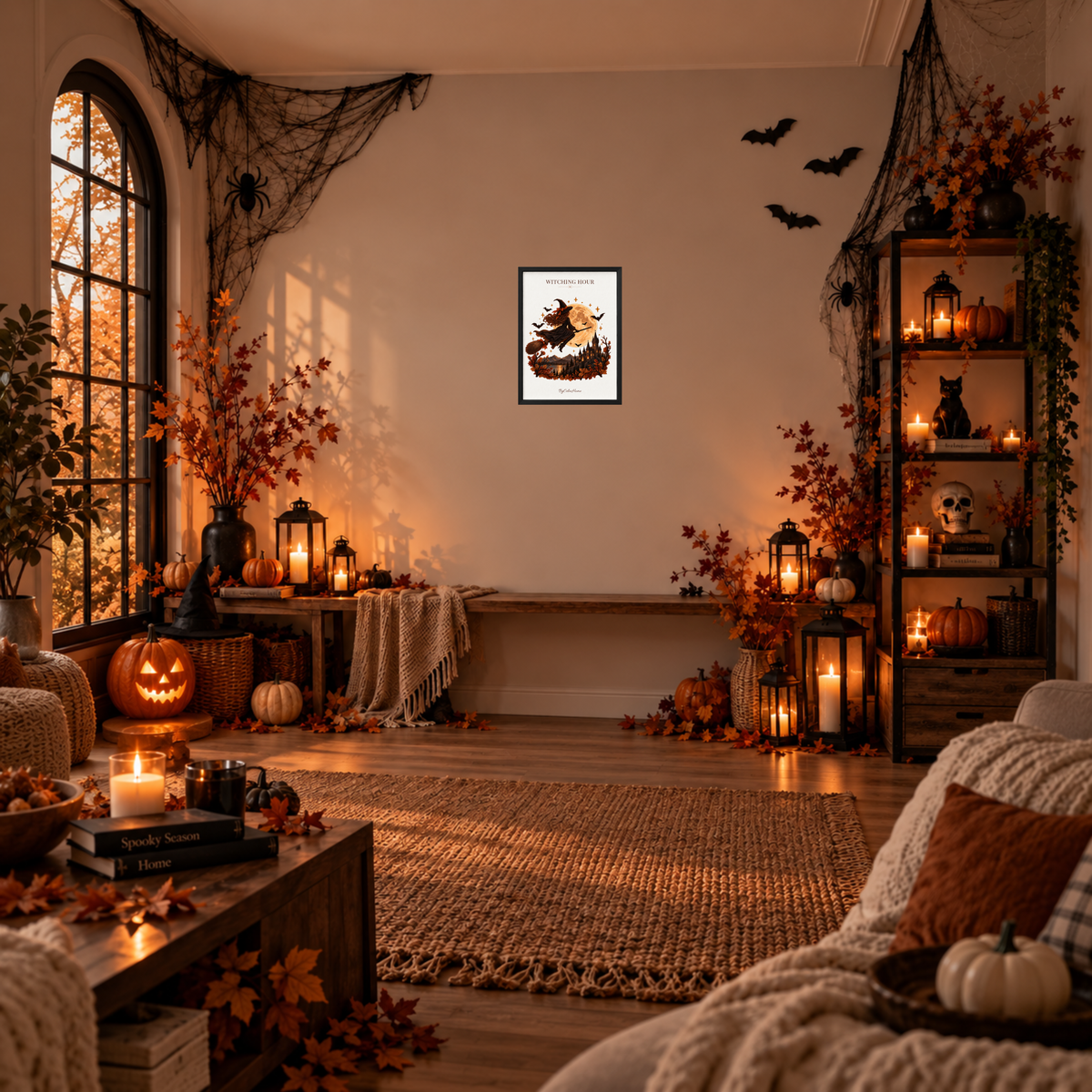 Witching Hour [21 × 30] dans un cadre [noir] accroché au mur dans un salon décoré pour Halloween