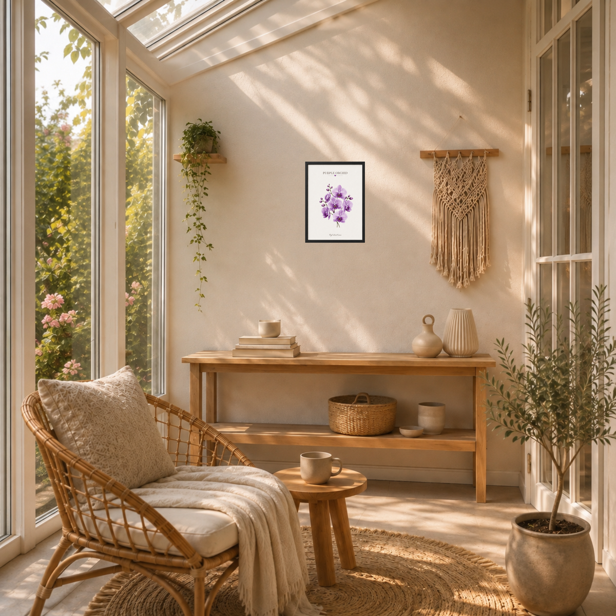 Purple Orchid [21 × 30] dans un cadre [noir] accroché au mur au-dessus d’une console en bois dans une véranda cosy.