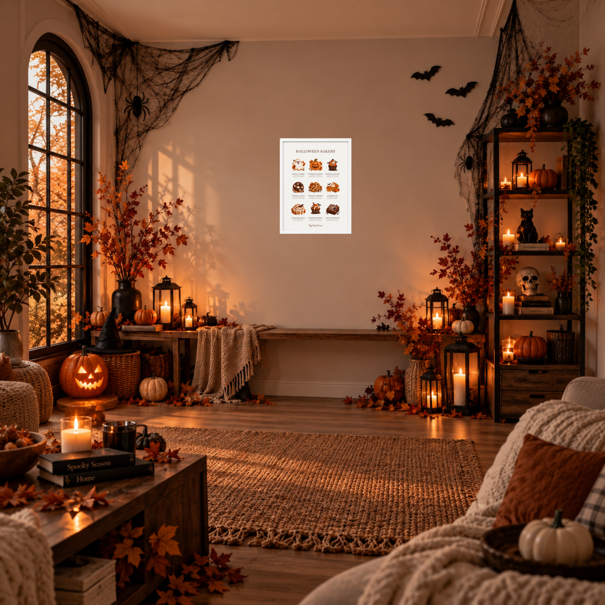 Halloween Bakery [30 × 40] dans un cadre [blanc] accroché au mur dans un salon décoré pour Halloween.