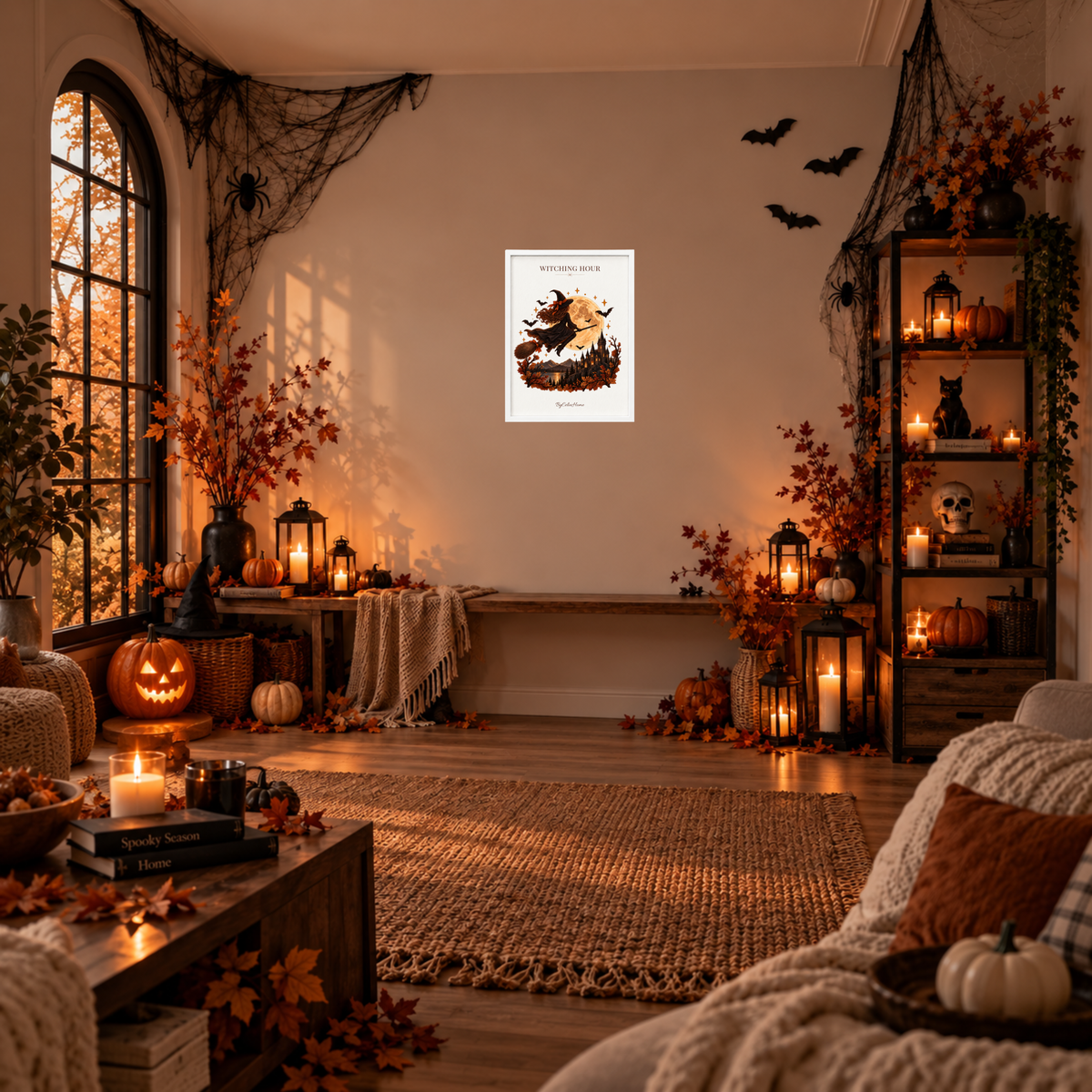 Witching Hour [30 × 40] dans un cadre [blanc] accroché au mur dans un salon décoré pour Halloween