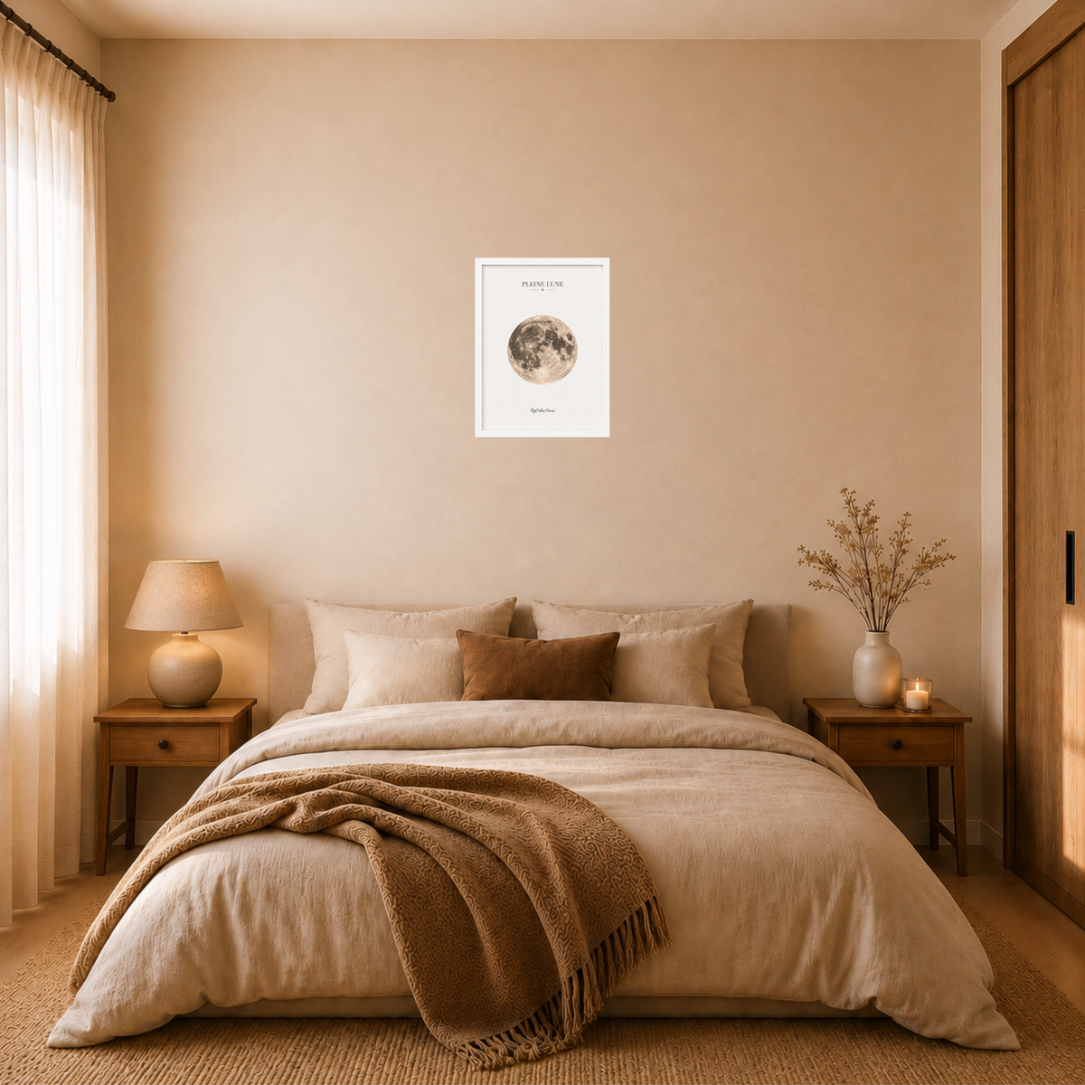 Pleine Lune [30 × 40] dans un cadre [blanc] accroché au mur au-dessus d’un lit.