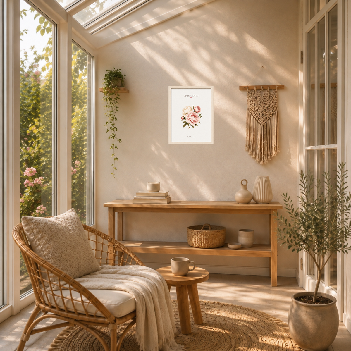 Peony Lover [30 × 40] dans un cadre [effet bouleau] accroché au mur au-dessus d’une console en bois dans une véranda cosy.