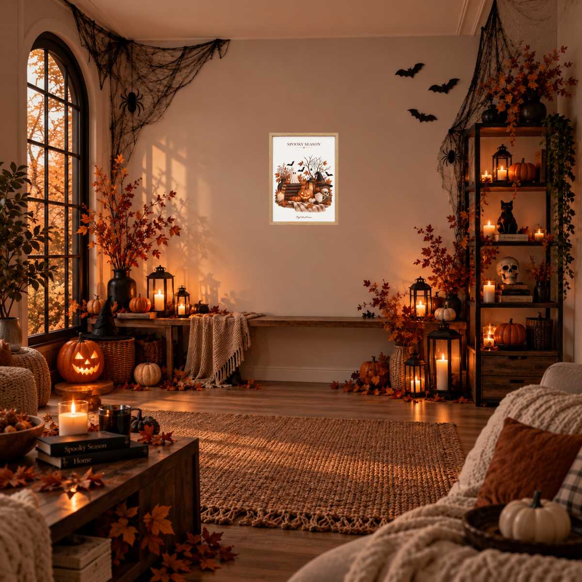 Spooky Season [30 × 40] dans un cadre [effet chêne] accroché au mur dans un salon décoré pour Halloween.