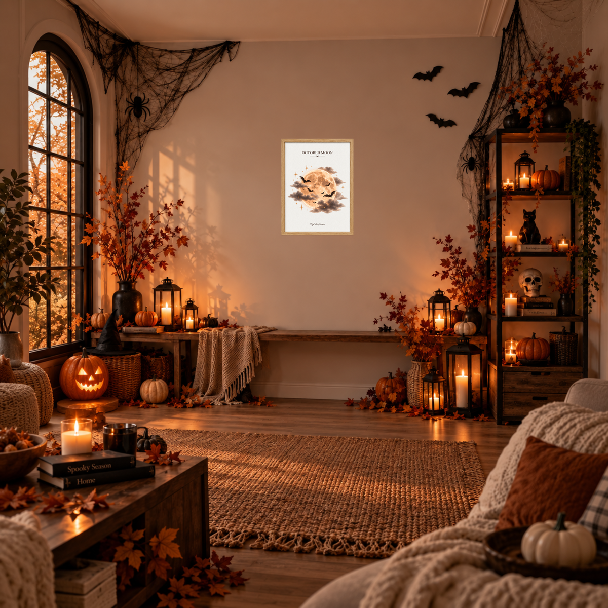 October Moon [30 × 40] dans un cadre [effet chêne] accroché au mur dans un salon décoré pour Halloween.