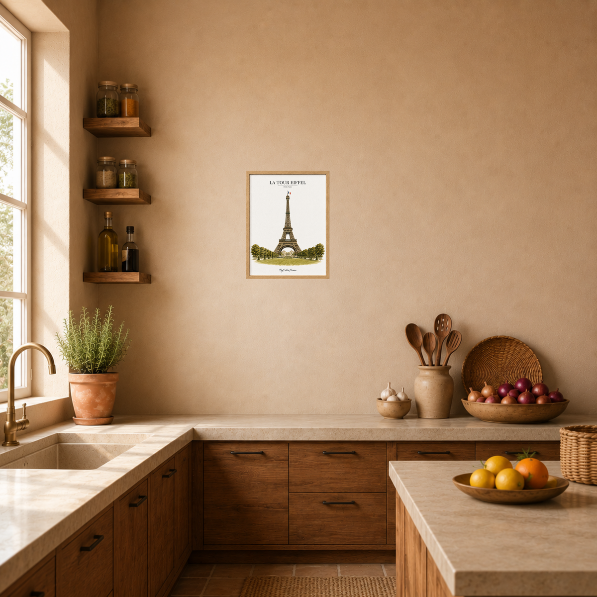 La Tour Eiffel [30 × 40] dans un cadre [effet chêne] accroché au mur au-dessus du plan de travail d’une cuisine.