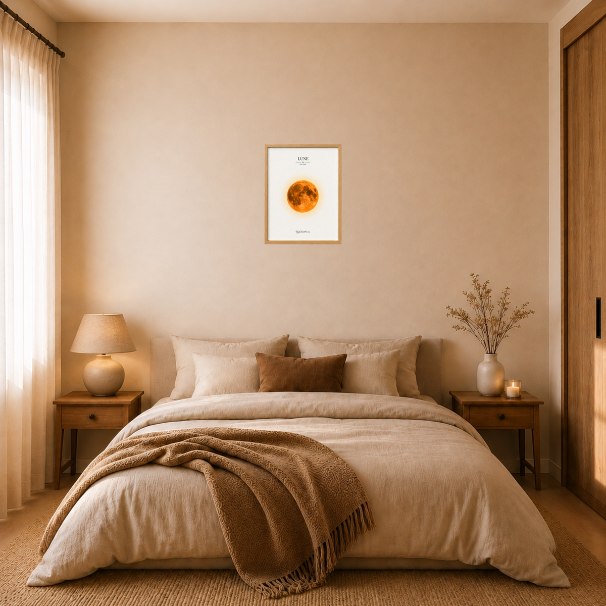 Lune Rousse [30 × 40] dans un cadre [effet chêne] accroché au mur au-dessus d’un lit.