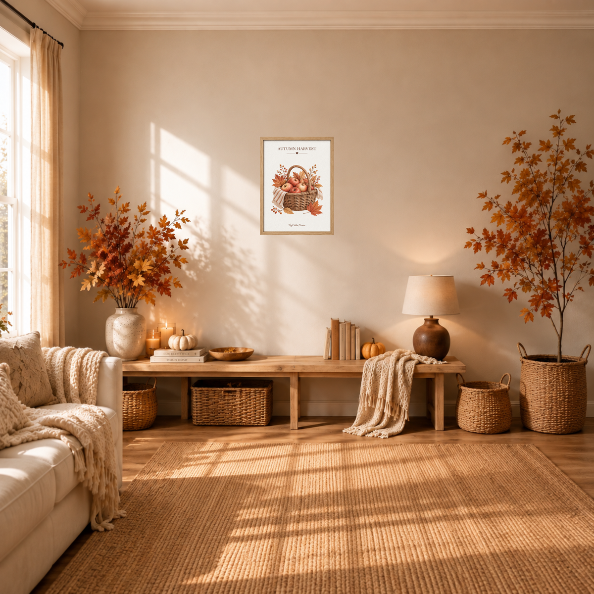 Autumn Harvest [30 × 40] dans un cadre [effet chêne] accroché au mur au-dessus d’une console en bois dans un salon cosy à la décoration automnale.