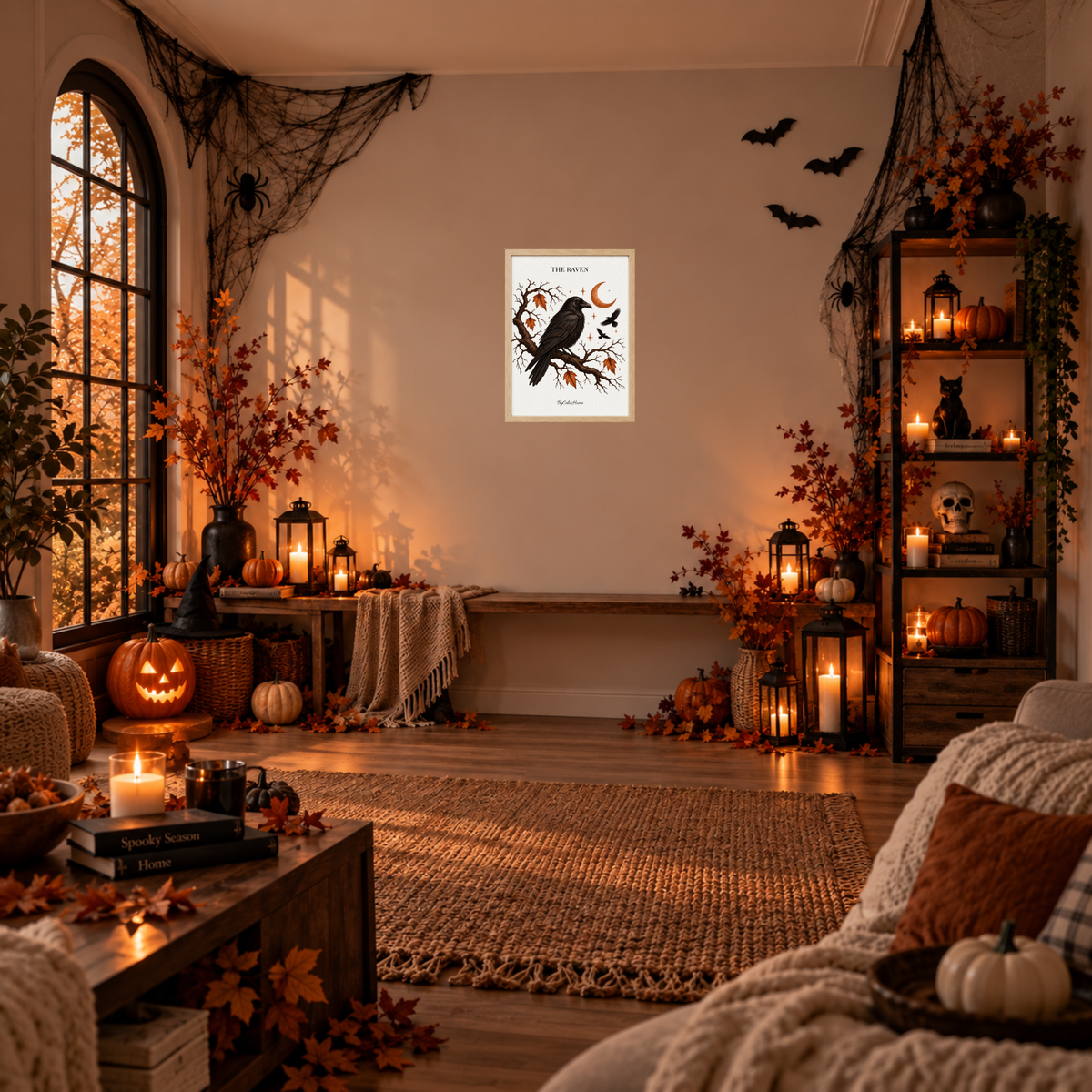 The Raven [30 × 40] dans un cadre [effet chêne] accroché au mur dans un salon décoré pour Halloween.