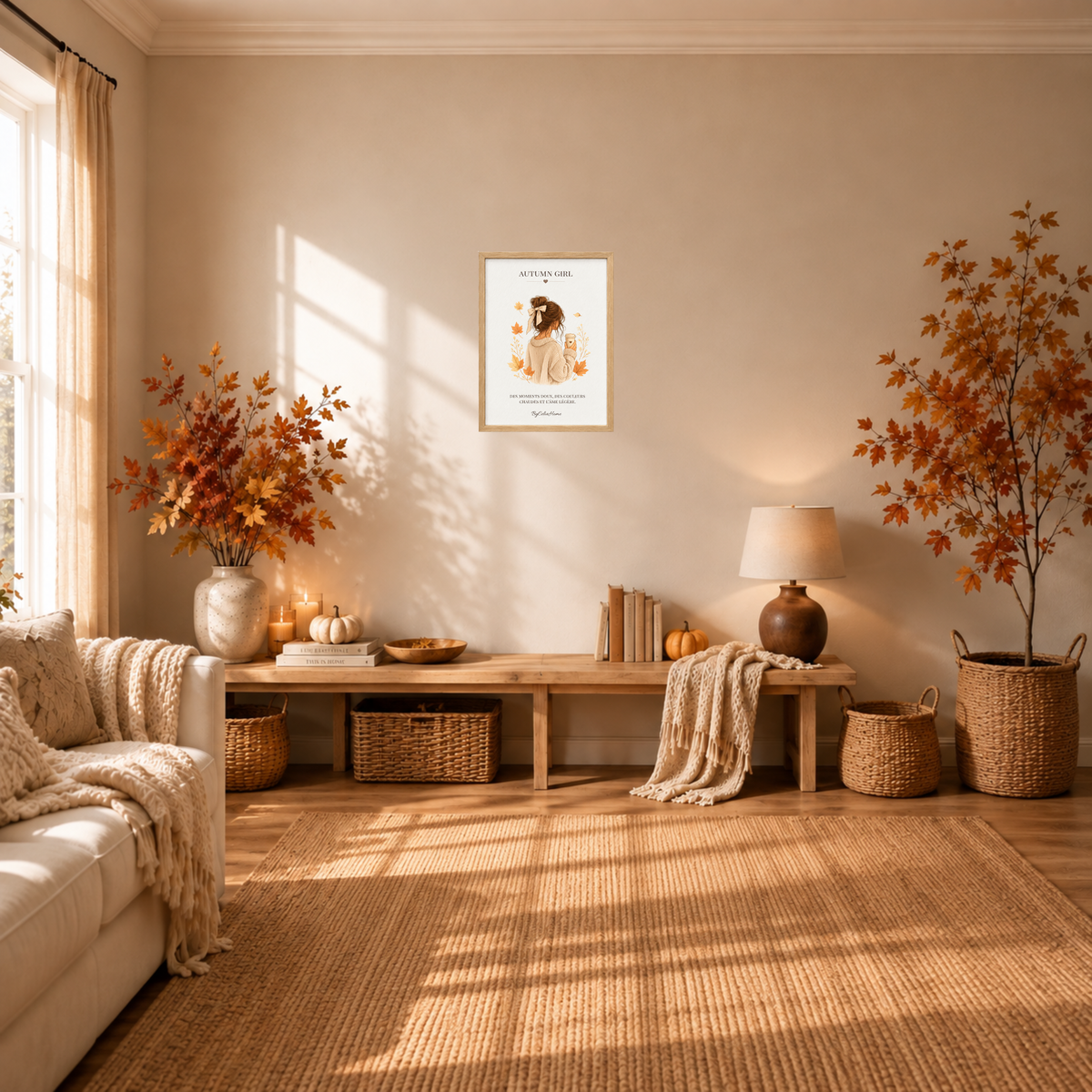 Autumn Girl [30 × 40] dans un cadre [effet chêne] accroché au mur dans un salon aux tons automnaux.