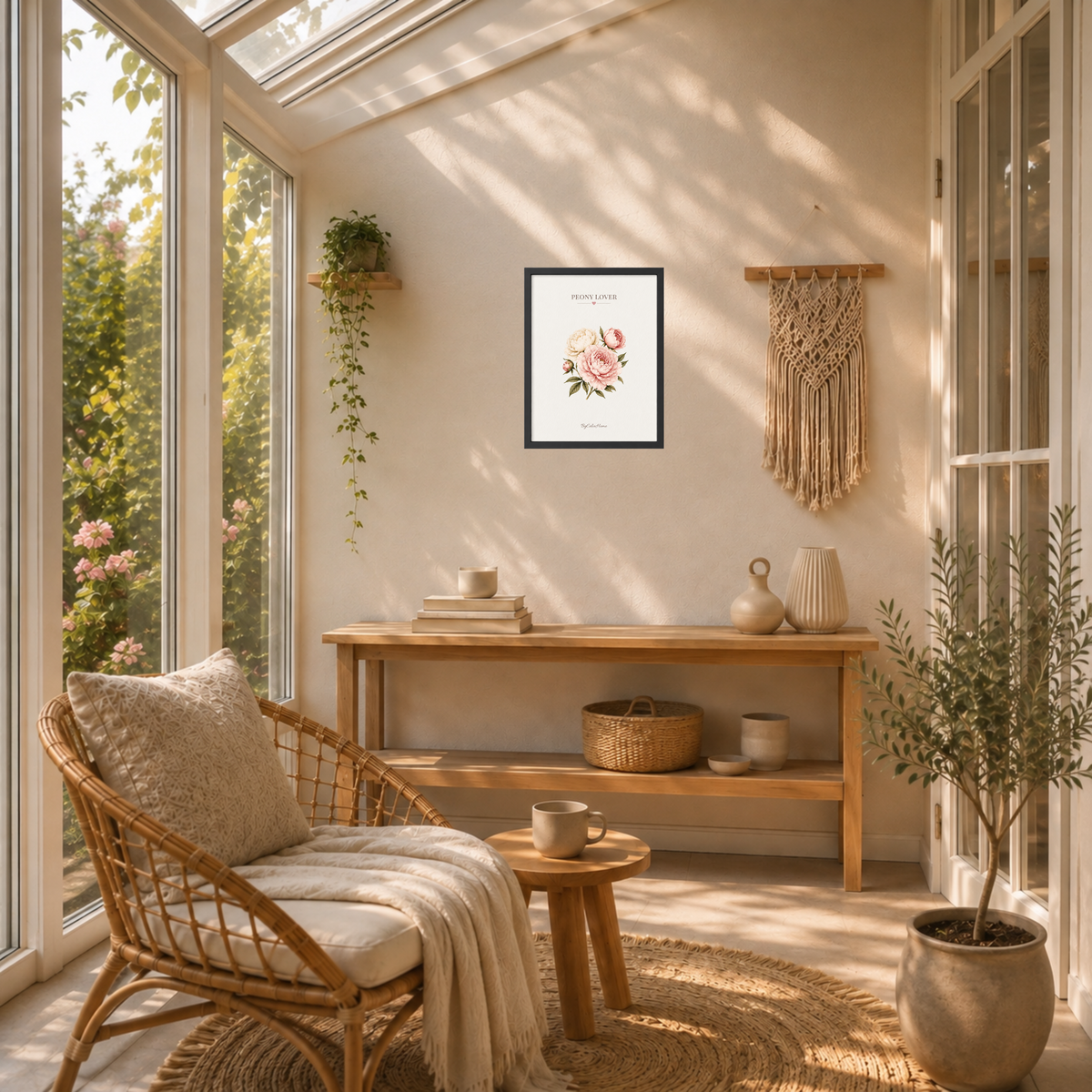Peony Lover [30 × 40] dans un cadre [noir] accroché au mur au-dessus d’une console en bois dans une véranda cosy.