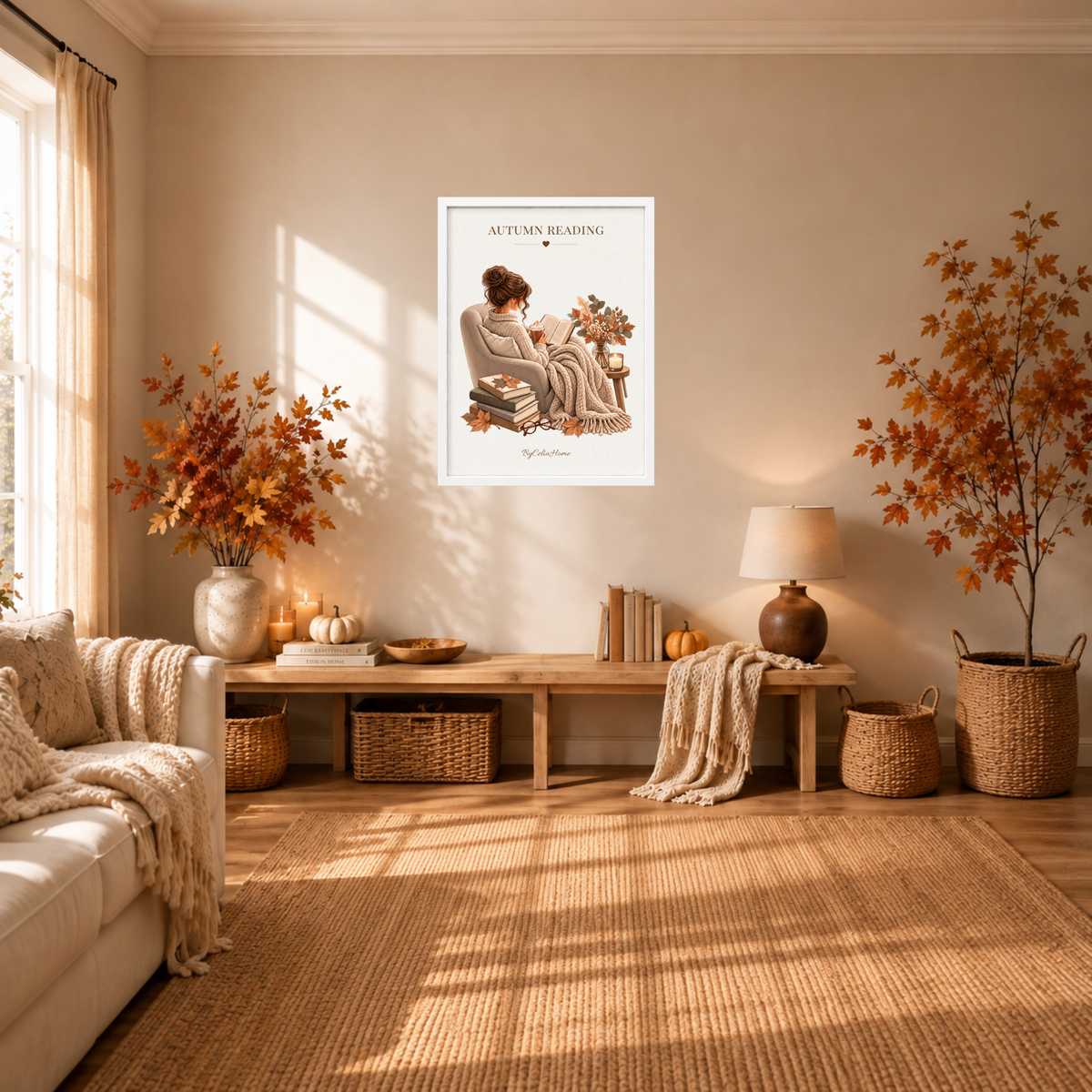Autumn Reading [50 × 70] dans un grand cadre [blanc] accroché au mur dans un salon aux tons automnaux.