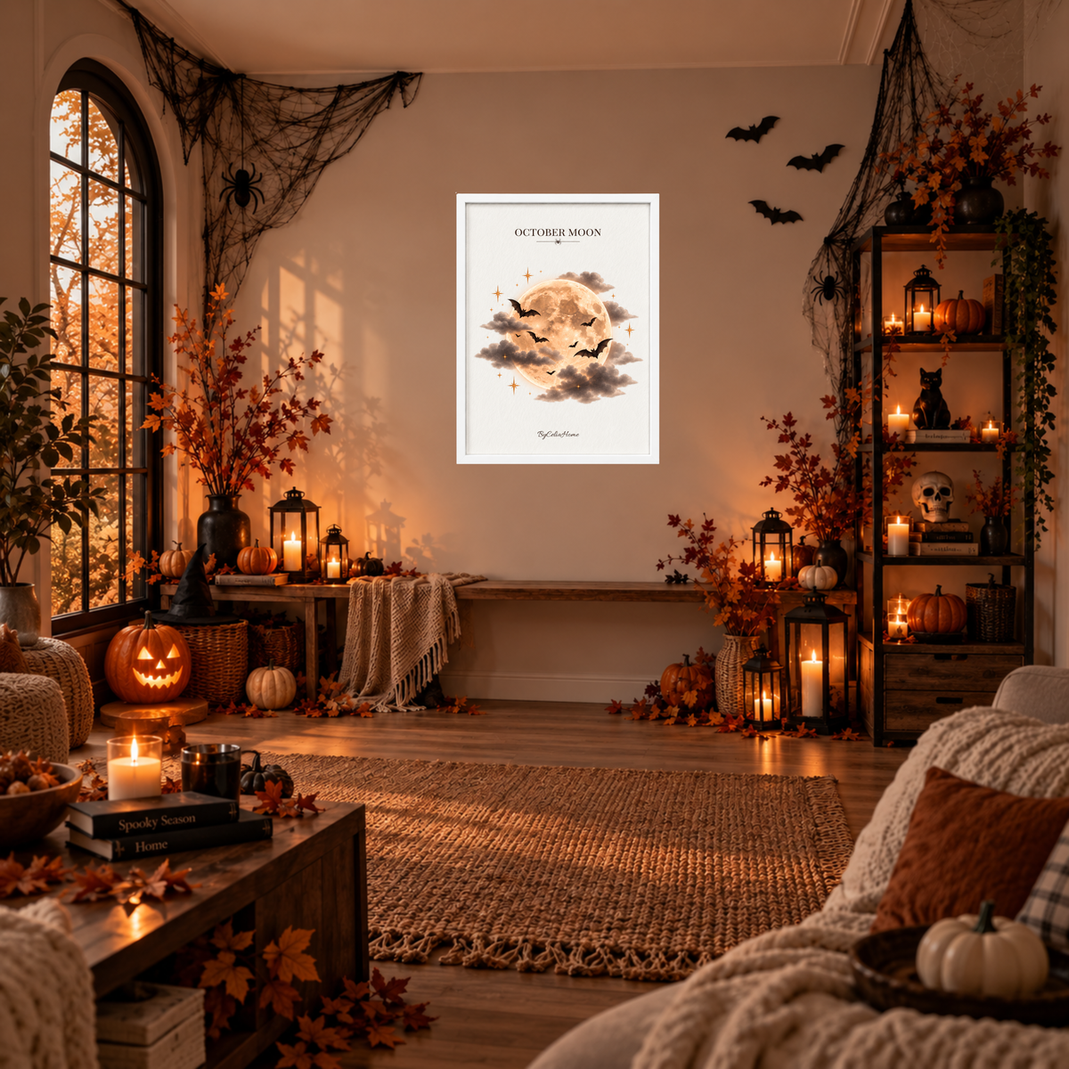 October Moon [50 × 70] dans un grand cadre [blanc] accroché au mur dans un salon décoré pour Halloween.