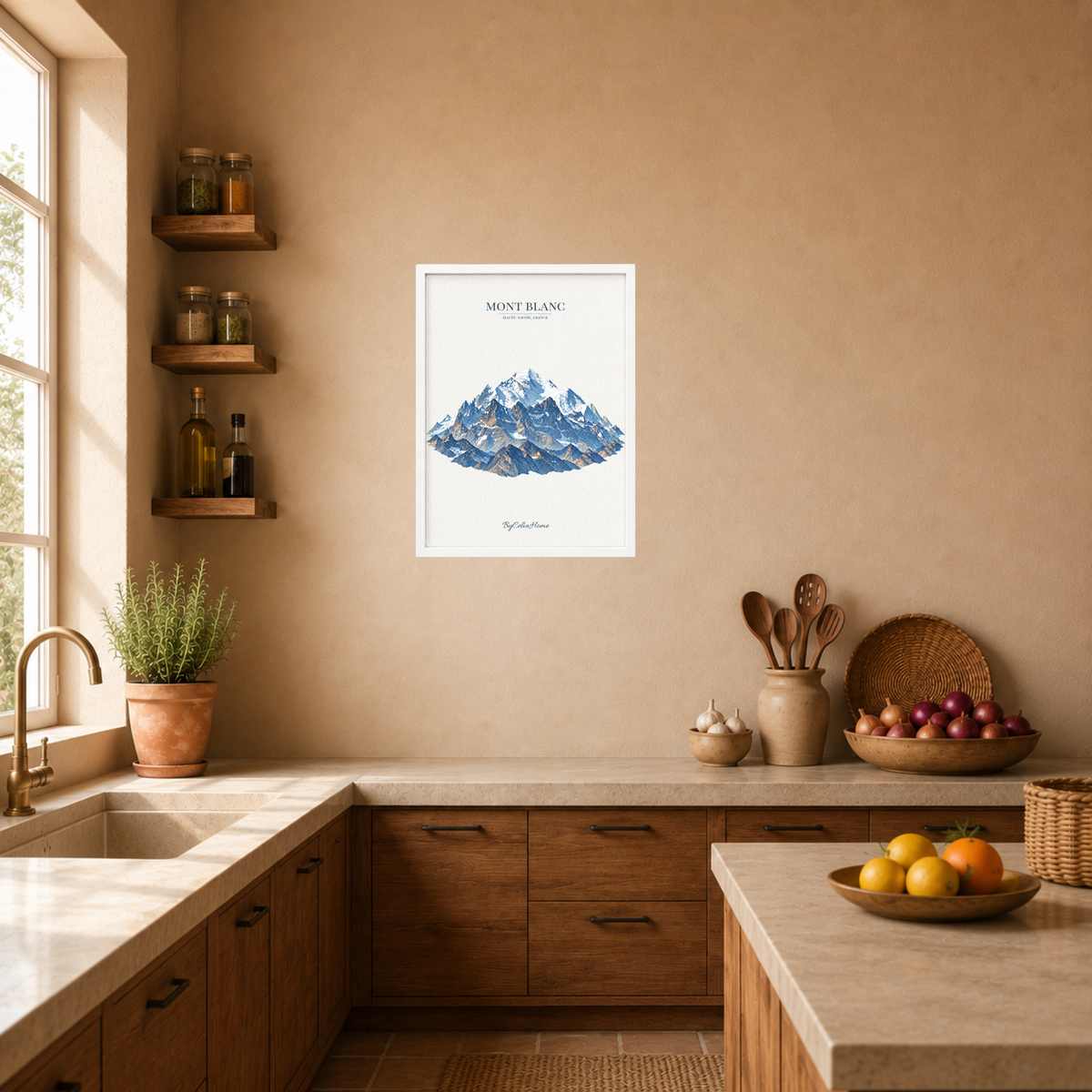 Mont Blanc [50 × 70] dans un grand cadre [blanc] accroché au mur dans une cuisine chaleureuse aux tons naturels.