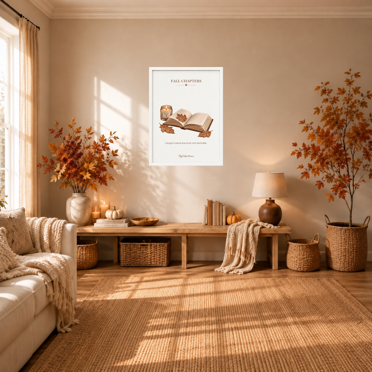 Fall Chapters [50 × 70] dans un grand cadre [blanc] accroché au mur dans un salon aux tons automnaux.