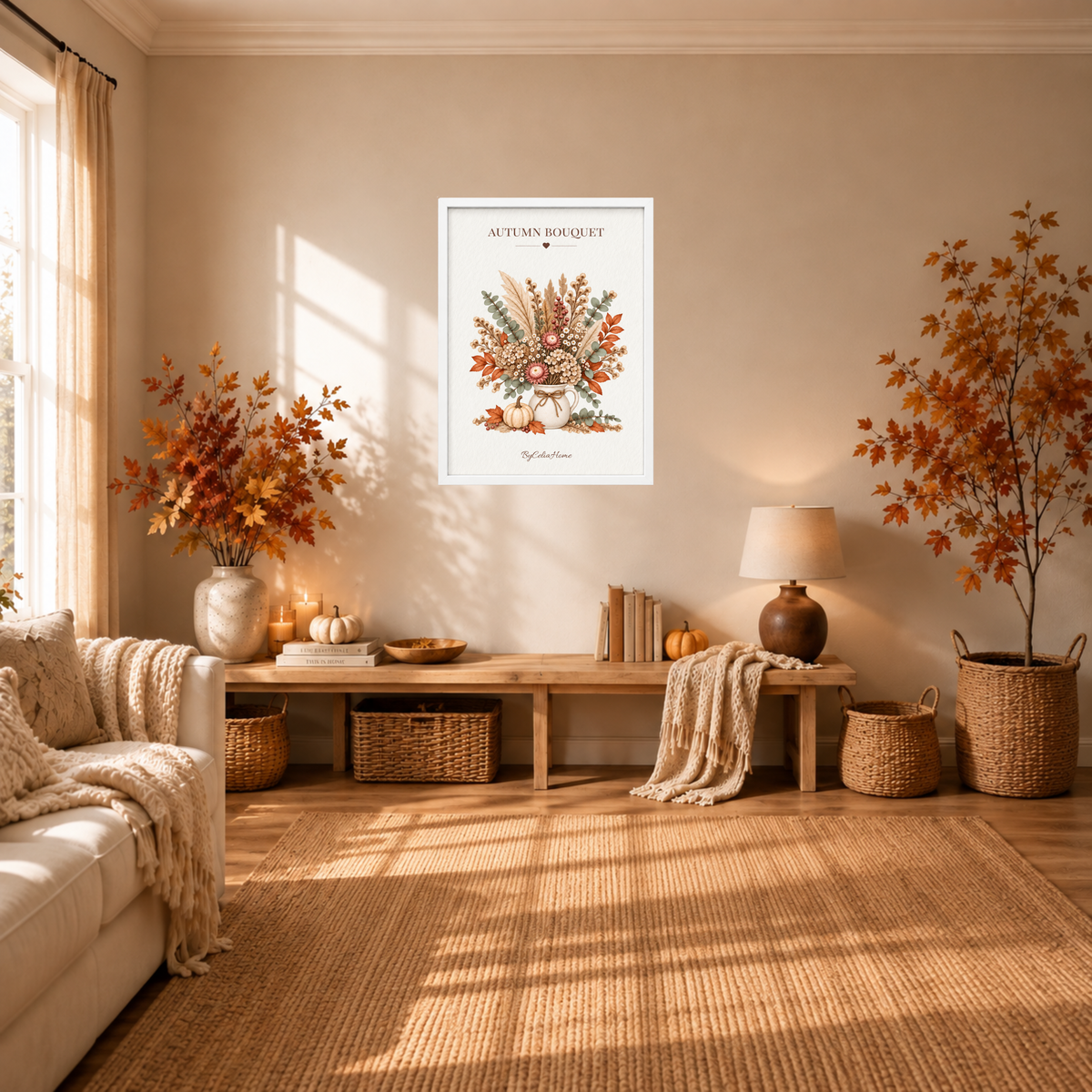 Autumn Bouquet [50 × 70] dans un grand cadre [blanc] accroché au mur dans un salon aux tons automnaux.