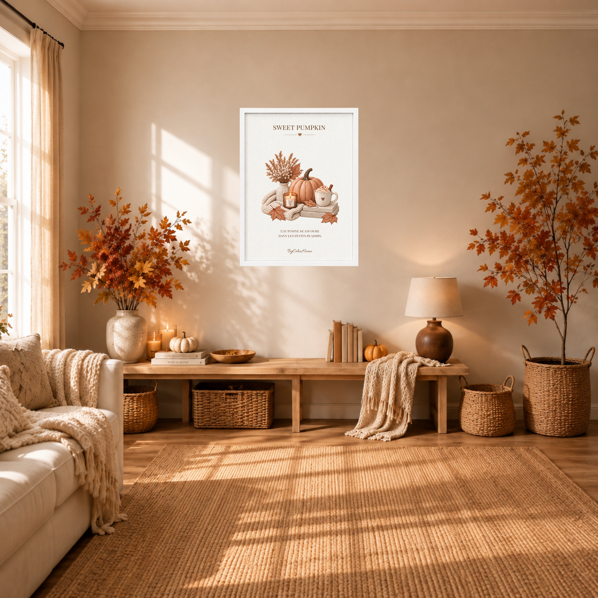 Sweet Pumpkin [50 × 70] dans un grand cadre [blanc] accroché au mur dans un salon à l’ambiance automnale.