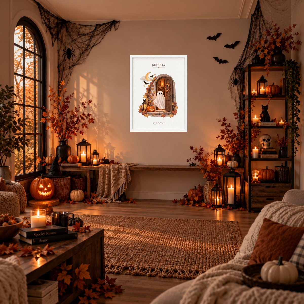 Ghostly [50 × 70] dans un grand cadre [blanc] accroché au mur dans un salon décoré pour Halloween.