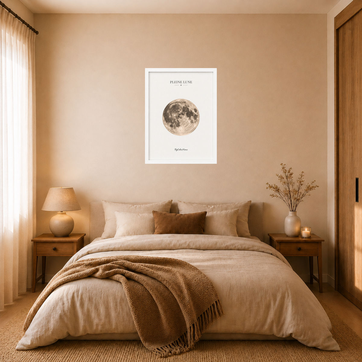 Pleine Lune [50 × 70] dans un grand cadre [blanc] accroché au mur au-dessus d’un lit.