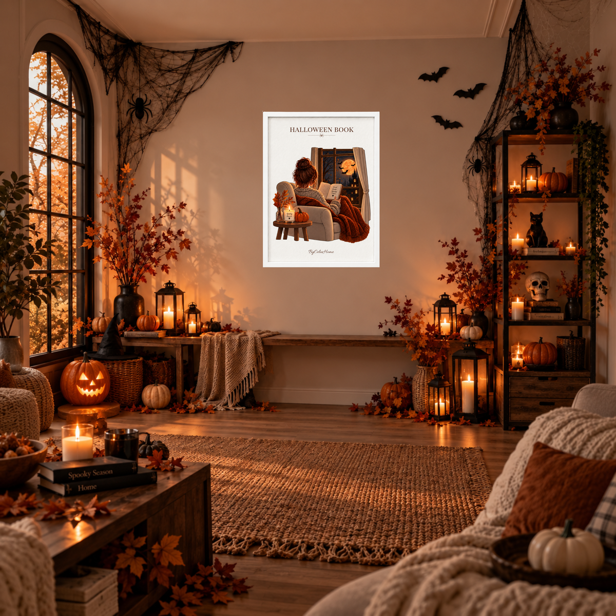 Halloween Book [50 × 70] dans un grand cadre [blanc] accroché au mur dans un salon décoré pour Halloween.