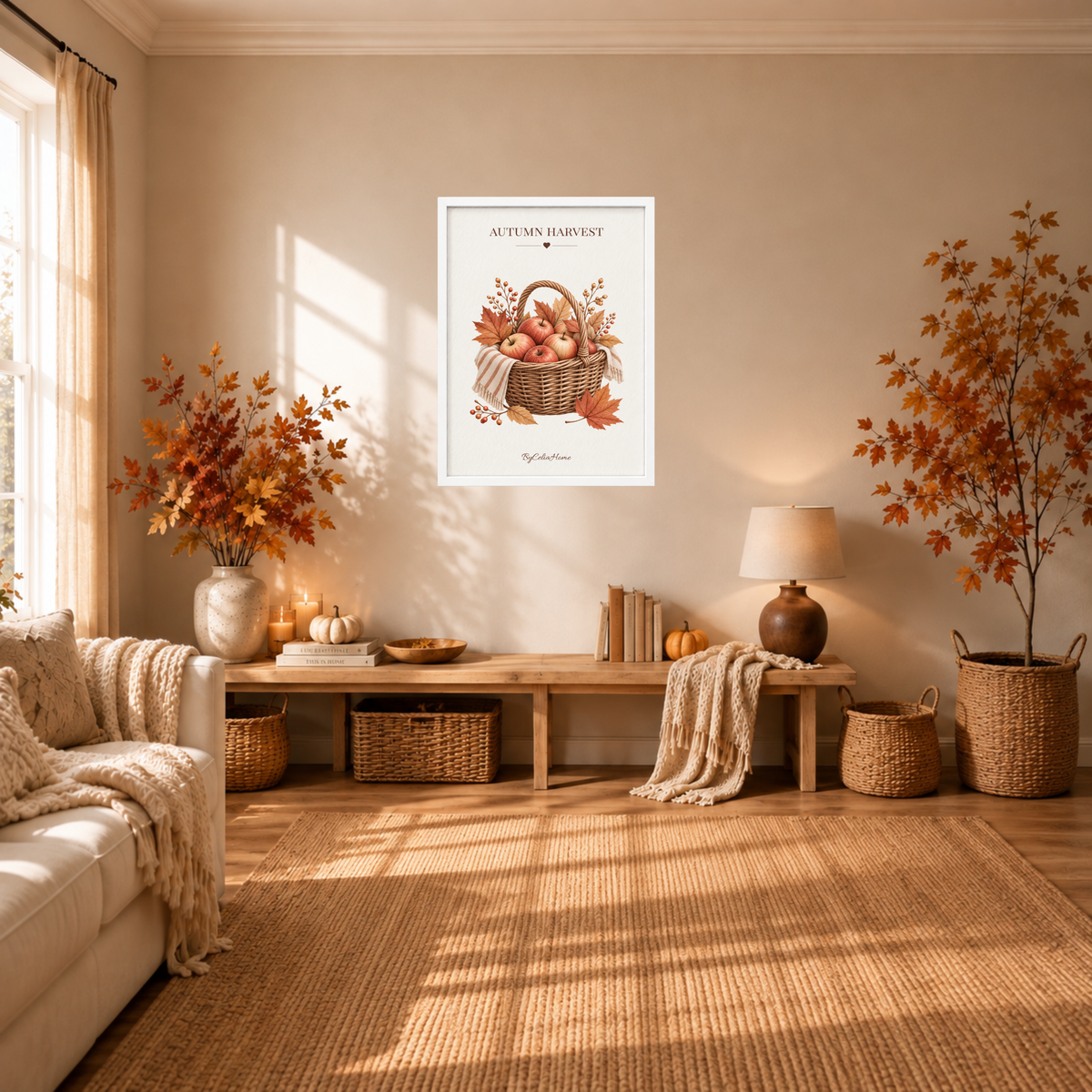 Autumn Harvest [50 × 70] dans un grand cadre [blanc] accroché au mur au-dessus d’une console en bois dans un salon cosy à la décoration automnale.