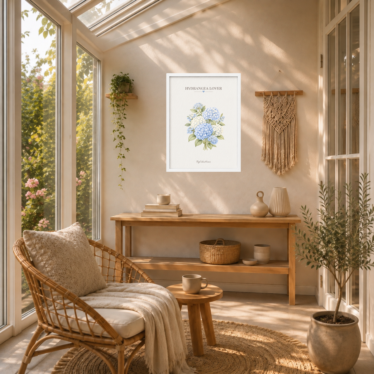 Hydrangea Lover [50 × 70] dans un grand cadre [blanc] accroché au mur au-dessus d’une console en bois dans une véranda cosy.