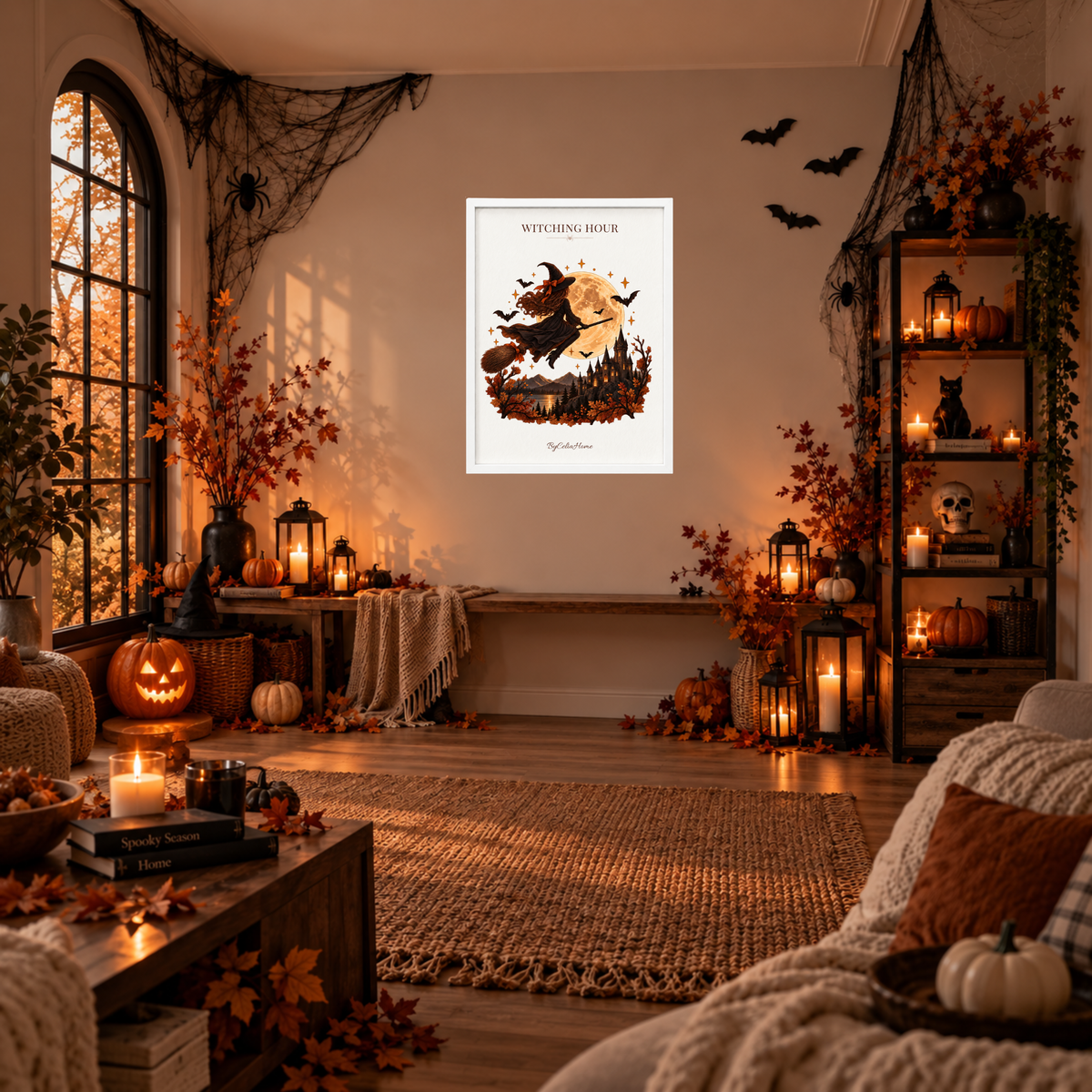 Witching Hour [50 × 70] dans un grand cadre [blanc] accroché au mur dans un salon décoré pour Halloween