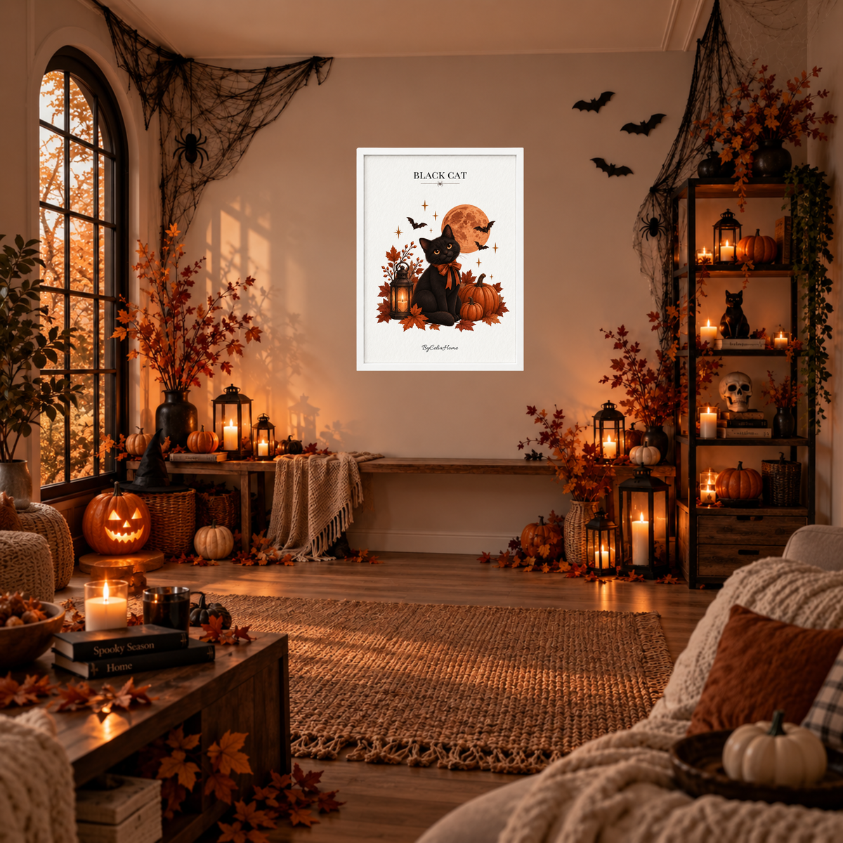 Black Cat [50 × 70] dans un grand cadre [blanc] accroché au mur dans un salon décoré pour Halloween.