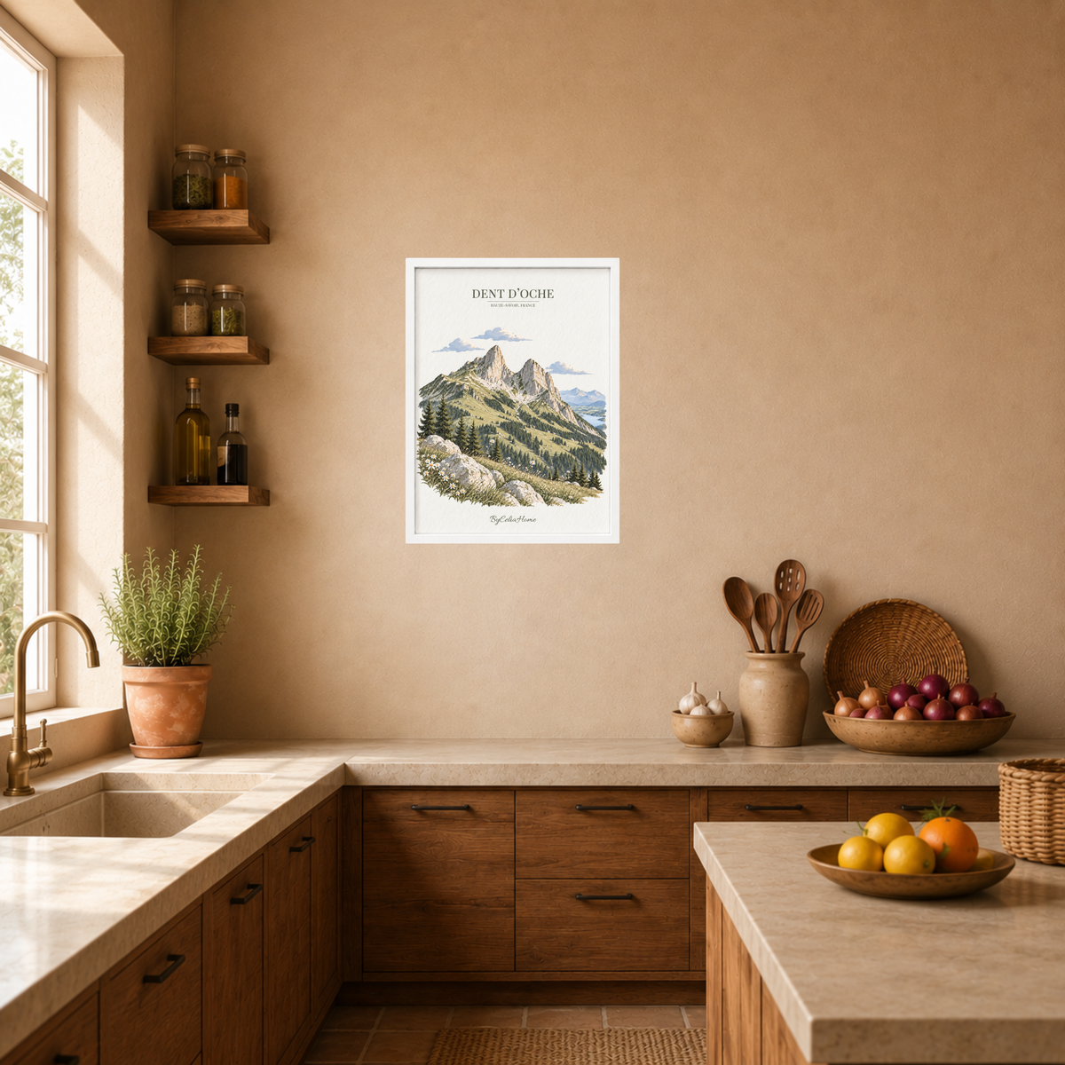 Dent d’Oche [50 × 70] dans un grand cadre [blanc] accroché au mur dans une cuisine chaleureuse aux tons naturels.