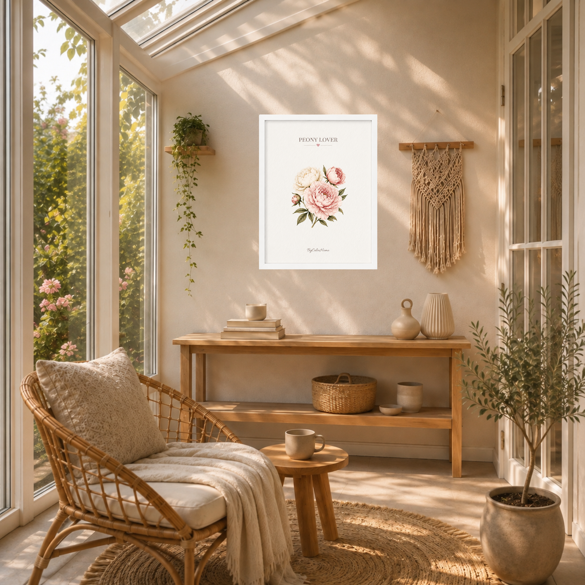 Peony Lover [50 × 70] dans un grand cadre [blanc] accroché au mur au-dessus d’une console en bois dans une véranda cosy.