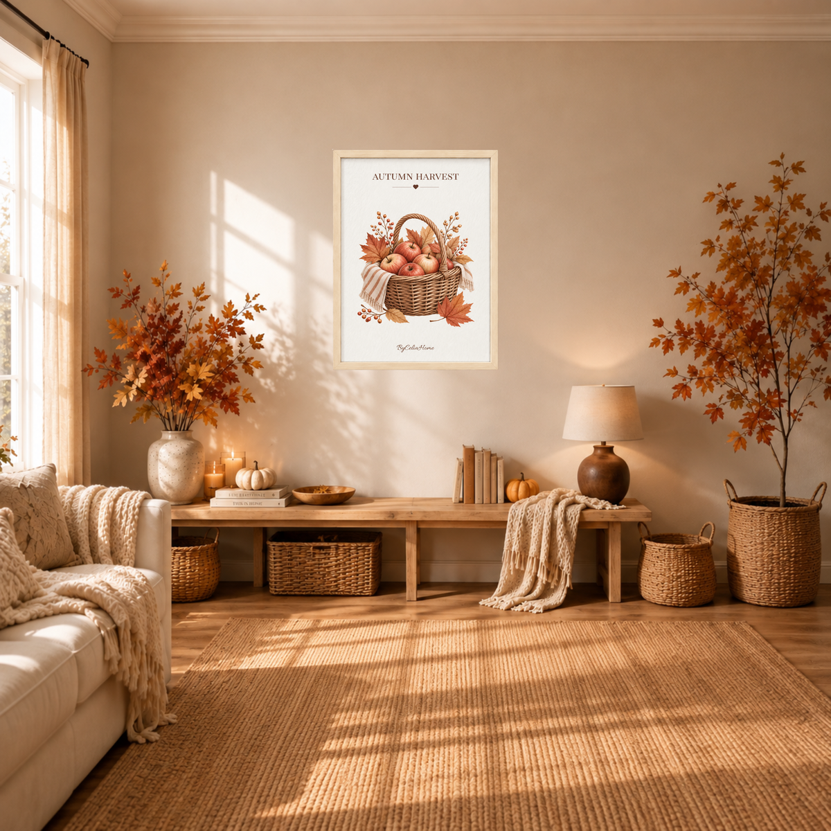Autumn Harvest [50 × 70] dans un grand cadre [effet bouleau] accroché au mur au-dessus d’une console en bois dans un salon cosy à la décoration automnale.