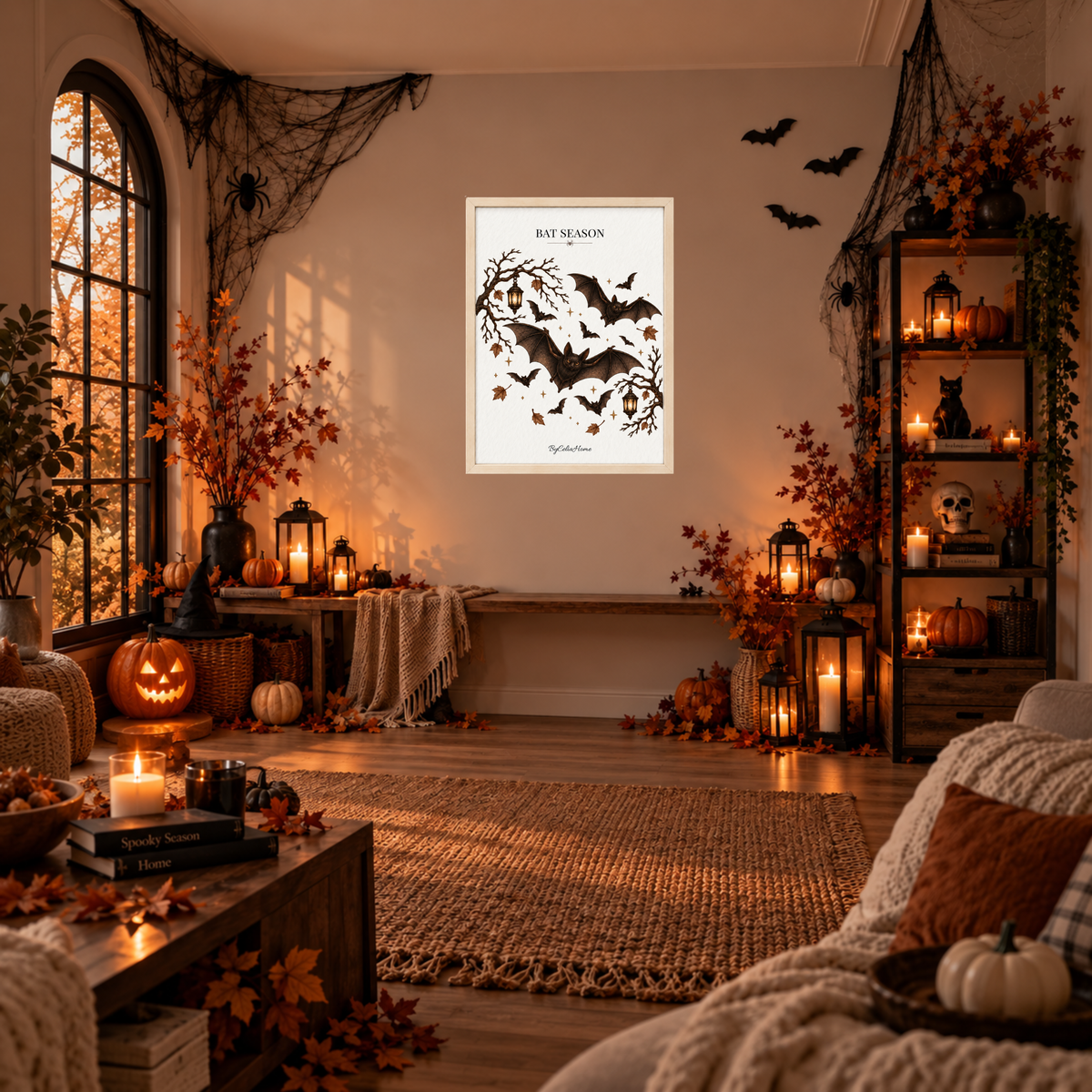 Bat Season [50 × 70] dans un grand cadre [effet bouleau] accroché au mur dans un salon décoré pour Halloween.