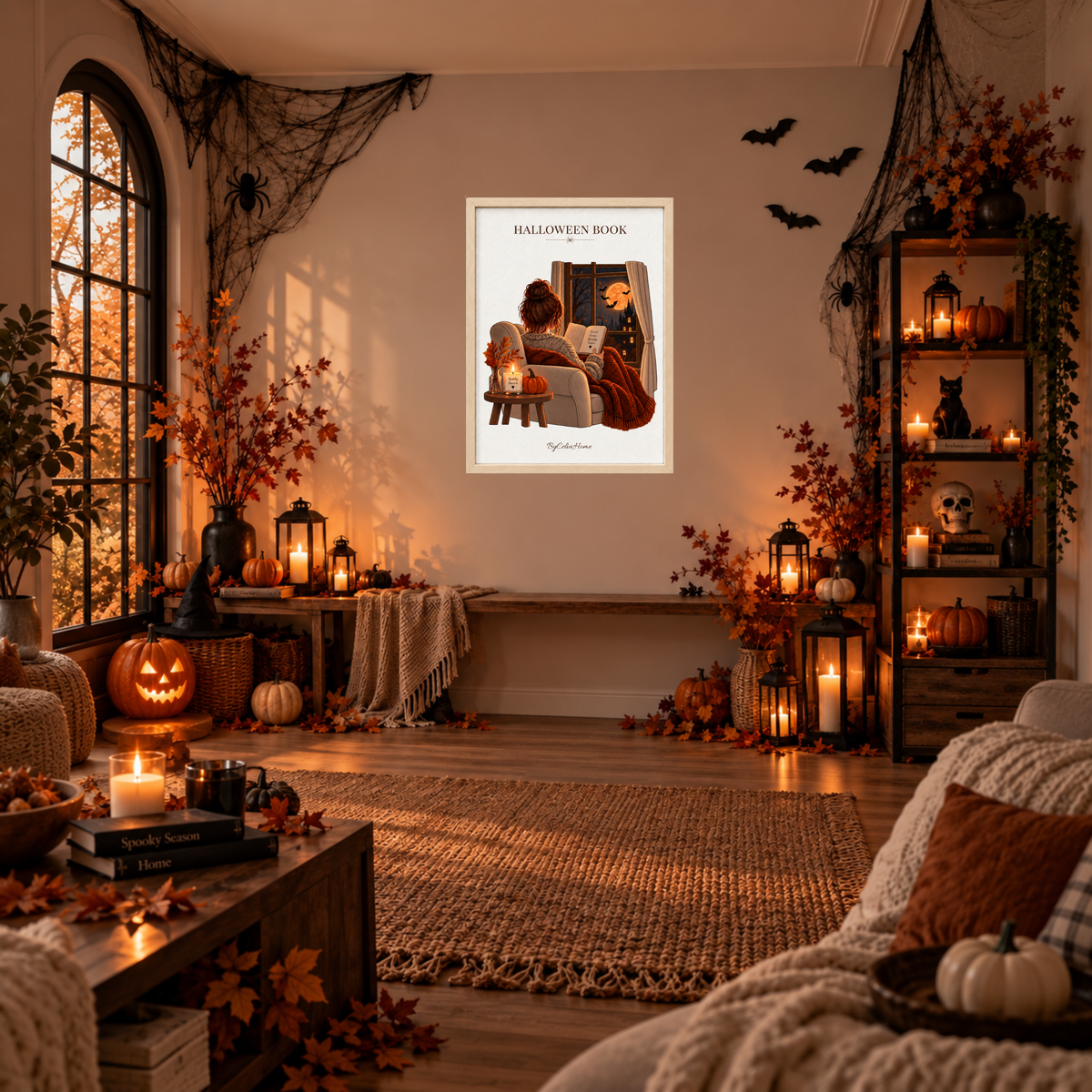 Halloween Book [50 × 70] dans un grand cadre [effet bouleau] accroché au mur dans un salon décoré pour Halloween.