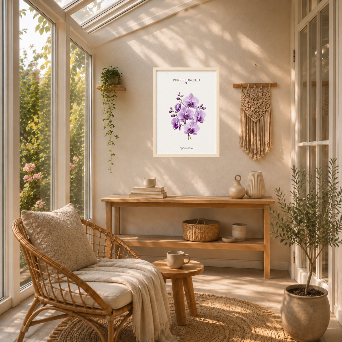 Purple Orchid [50 × 70] dans un grand cadre [effet bouleau] accroché au mur au-dessus d’une console en bois dans une véranda cosy.