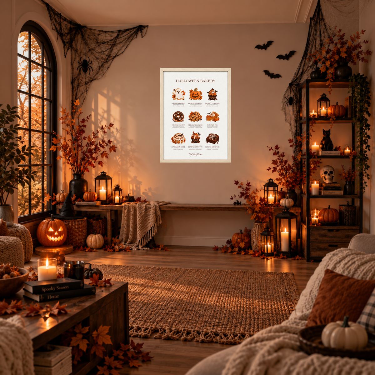 Halloween Bakery [50 × 70] dans un grand cadre [effet bouleau] accroché au mur dans un salon décoré pour Halloween.