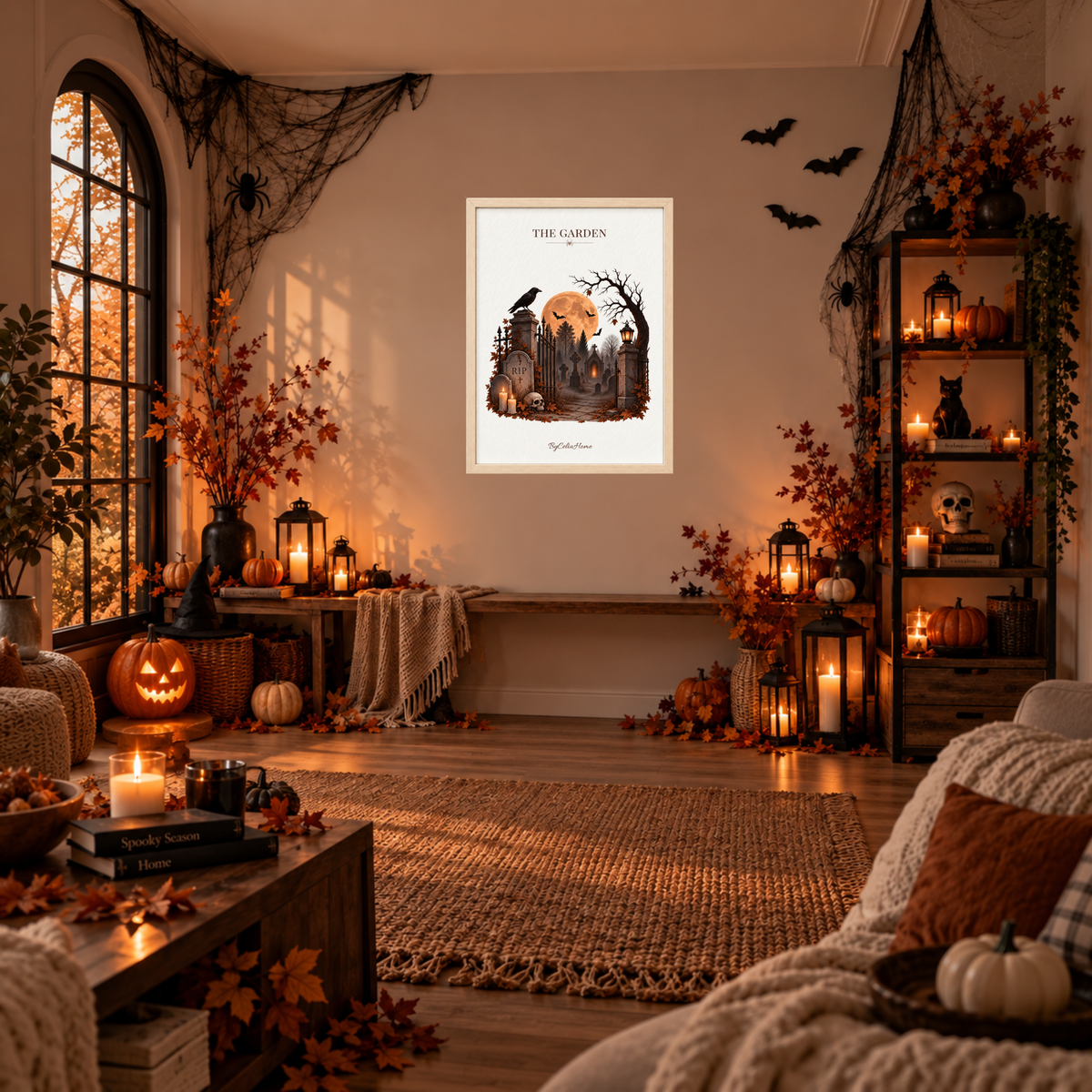 The Garden [50 × 70] dans un grand cadre [effet bouleau] accroché au mur dans un salon décoré pour Halloween.