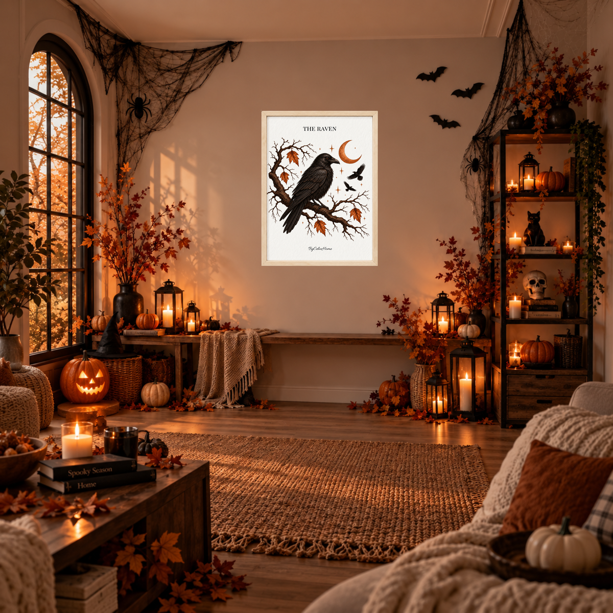 The Raven [50 × 70] dans un grand cadre [effet bouleau] accroché au mur dans un salon décoré pour Halloween.