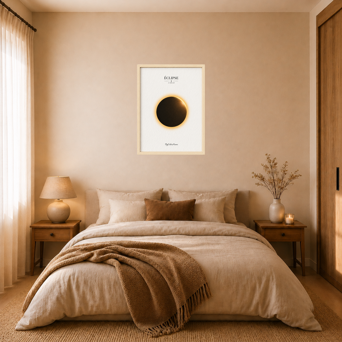 Éclipse [50 × 70] dans un grand cadre [effet bouleau] accroché au mur au-dessus d’un lit.