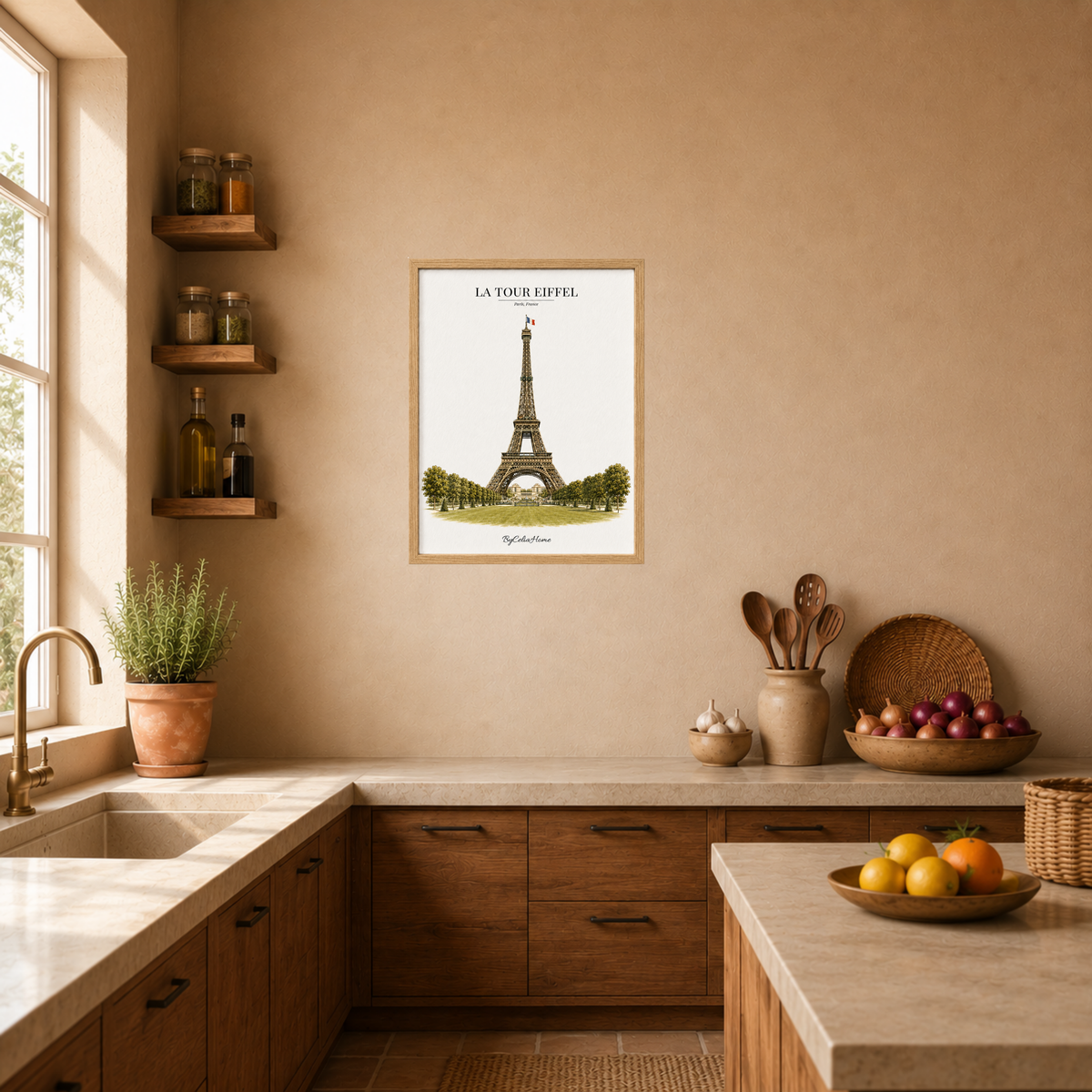 La Tour Eiffel [50 × 70] dans un grand cadre [effet chêne] accroché au mur au-dessus du plan de travail d’une cuisine.