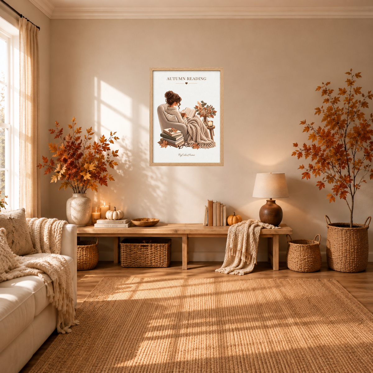 Autumn Reading [50 × 70] dans un grand cadre [effet chêne] accroché au mur dans un salon aux tons automnaux.
