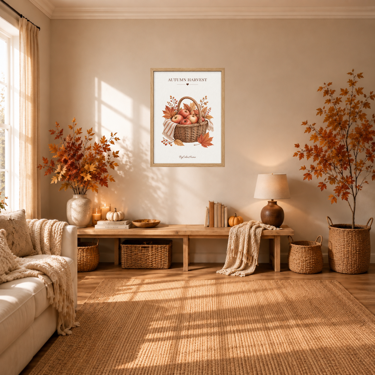 Autumn Harvest [50 × 70] dans un grand cadre [effet chêne] accroché au mur au-dessus d’une console en bois dans un salon cosy à la décoration automnale.