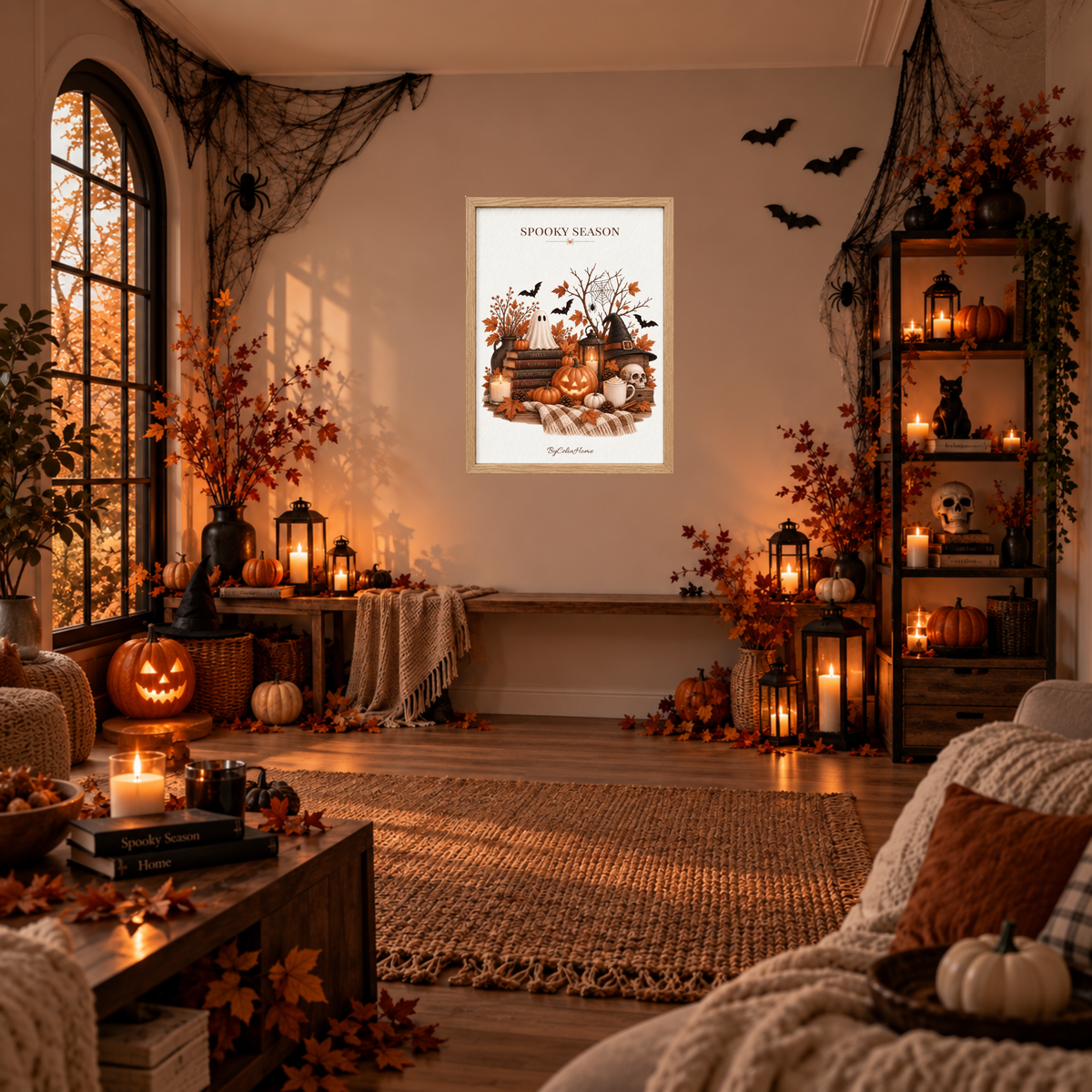 Spooky Season [50 × 70] dans un grand cadre [effet chêne] accroché au mur dans un salon décoré pour Halloween.