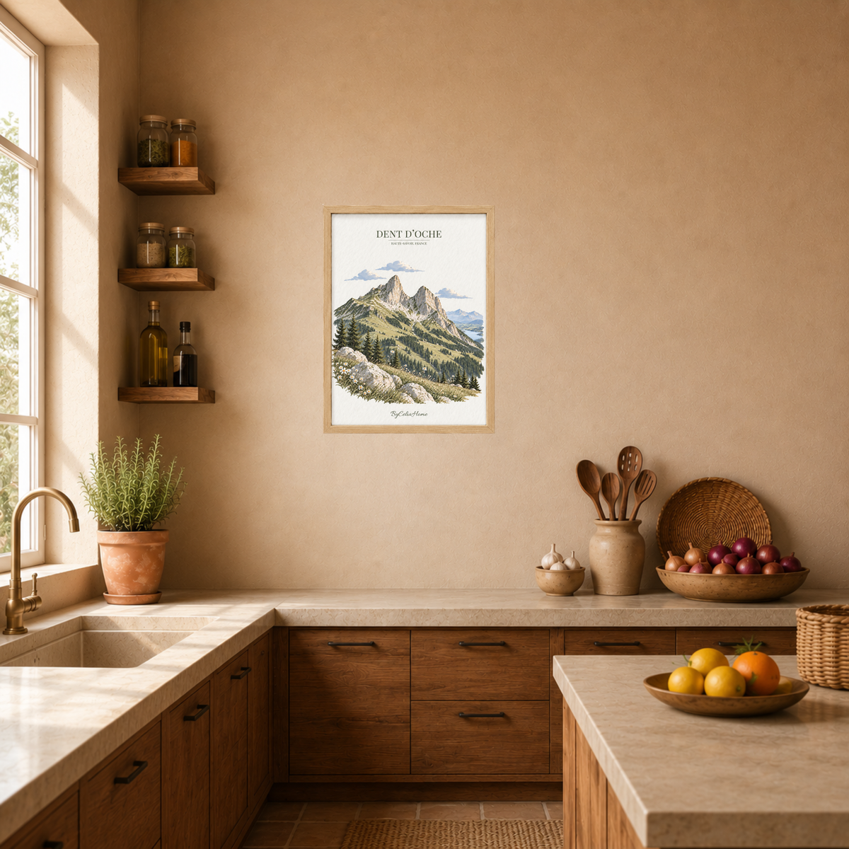 Dent d’Oche [50 × 70] dans un grand cadre [effet chêne] accroché au mur dans une cuisine chaleureuse aux tons naturels.