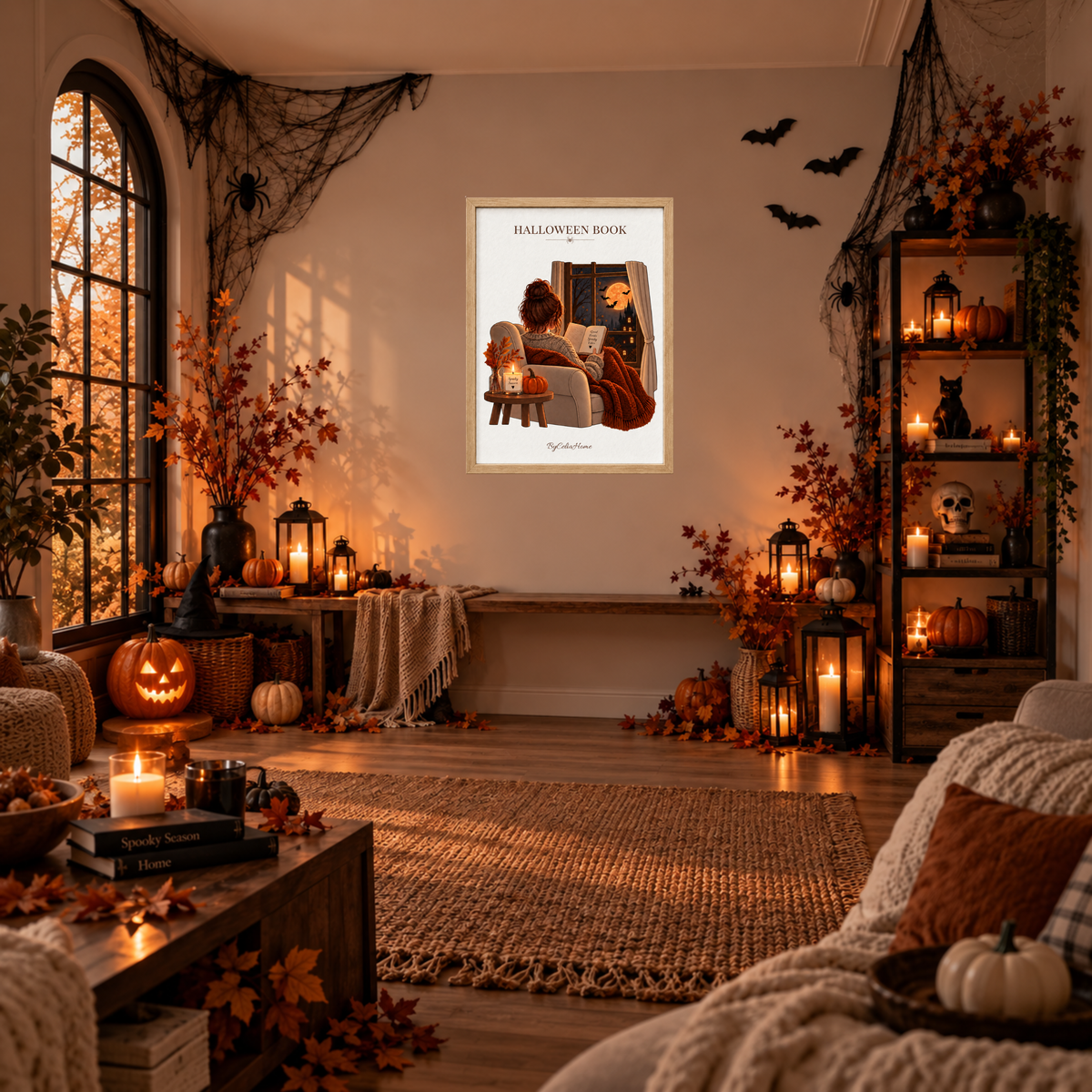 Halloween Book [50 × 70] dans un grand cadre [effet chêne] accroché au mur dans un salon décoré pour Halloween.