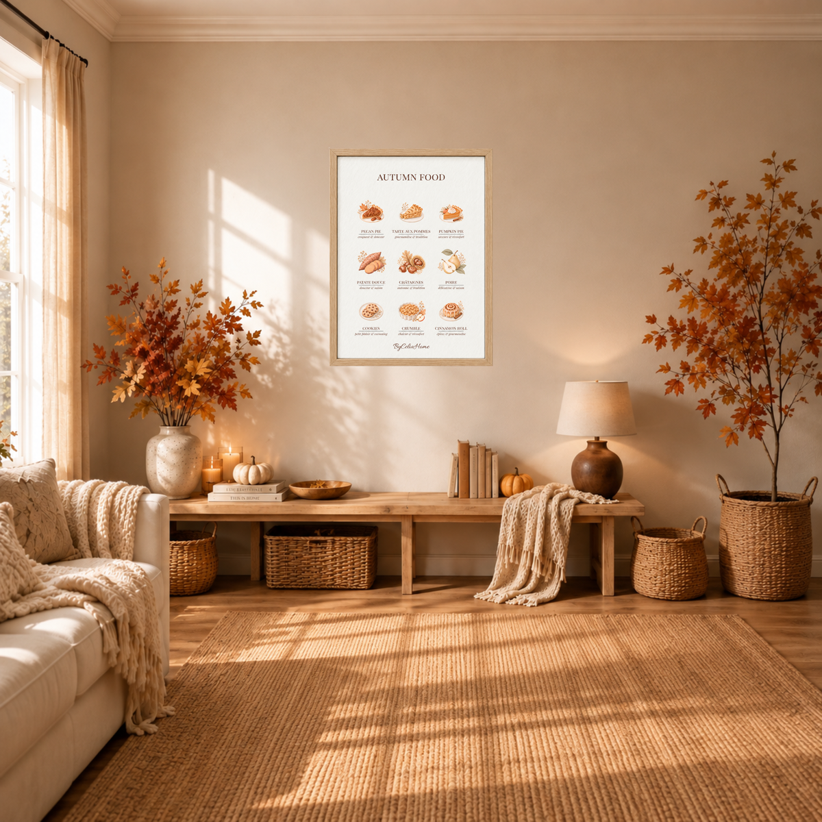 Autumn Food [50 × 70] dans un grand cadre [effet chêne] accroché au mur dans un salon aux tons automnaux.