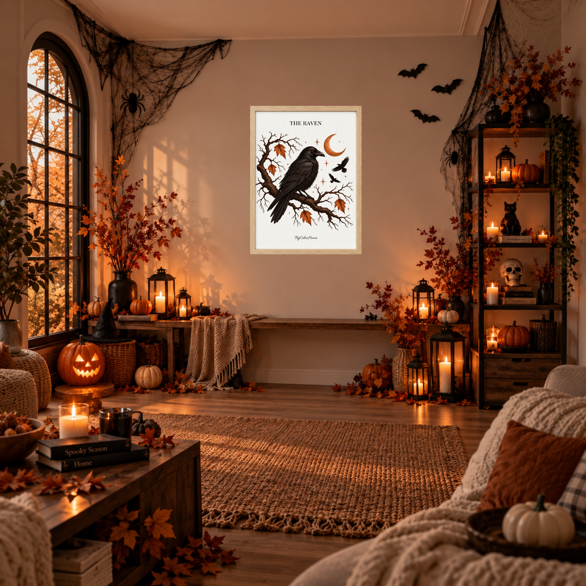 The Raven [50 × 70] dans un grand cadre [effet chêne] accroché au mur dans un salon décoré pour Halloween.
