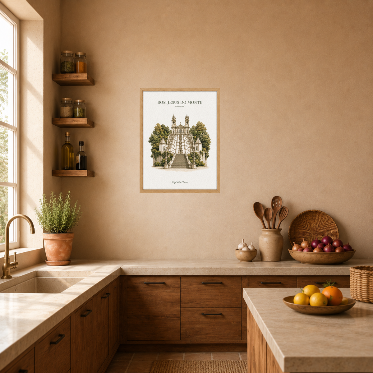 Tableau Braga [50x70] avec cadre [effet chêne] dans une cuisine chaleureuse