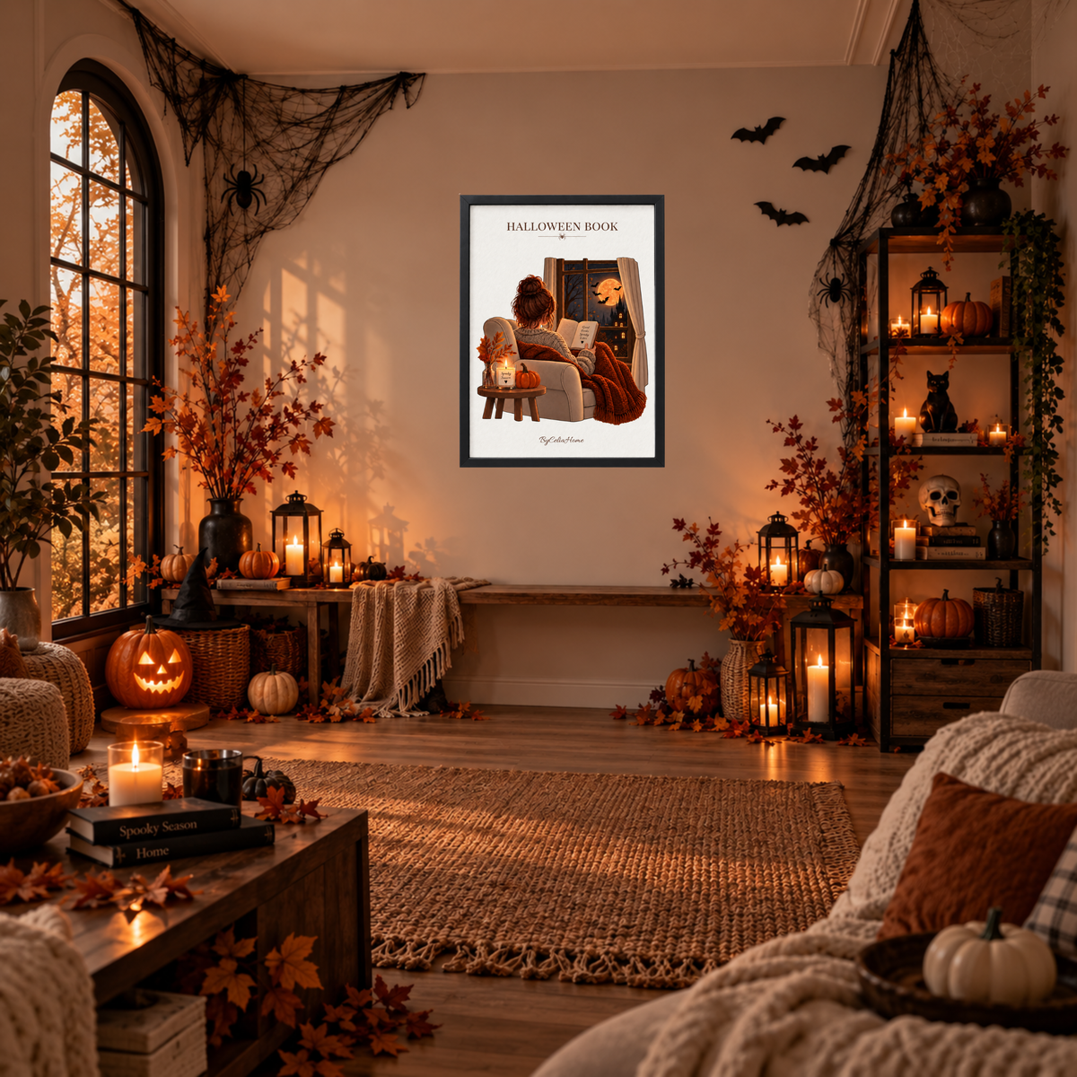 Halloween Book [50 × 70] dans un grand cadre [noir] accroché au mur dans un salon décoré pour Halloween.