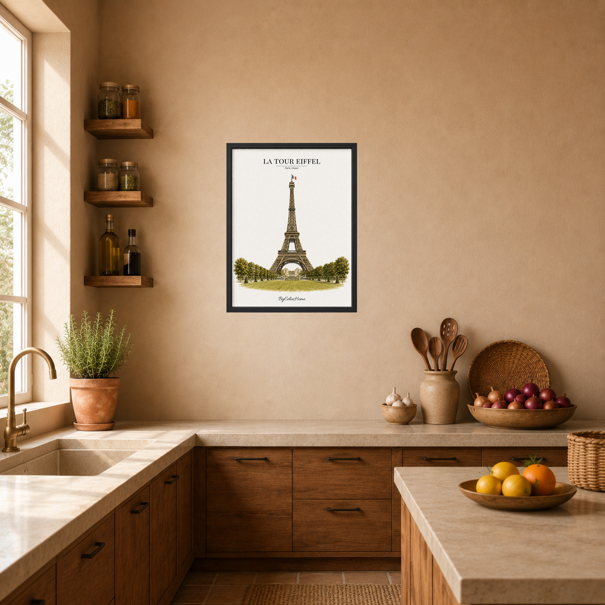 La Tour Eiffel [50 × 70] dans un grand cadre [noir] accroché au mur au-dessus du plan de travail d’une cuisine.